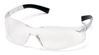 Clear safety goggles with black frames on a white background