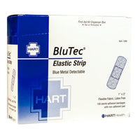 A box of HART BLUTEC Elastic Strip Bandages, blue metallic color, with text indicating the size of the bandages and that they are metal detectable.