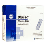 A box of HART BLUTEC Elastic Strip Bandages, blue metallic color, with text indicating the size of the bandages and that they are metal detectable.