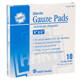 A box of HART Health sterile gauze pads, 4" x 4", with 10 individually wrapped pads. The box is labeled to meet USP Type VII requirements and is for wound cleansing and light bandaging.