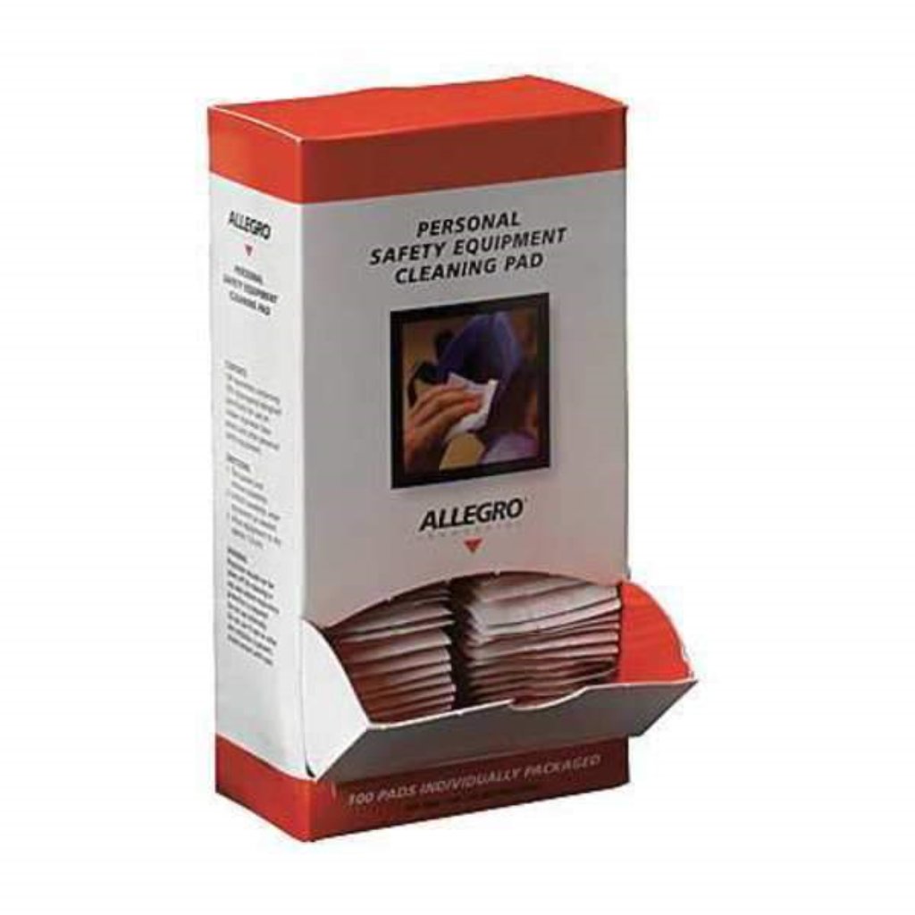 A box of Allegro Personal Safety Equipment Cleaning Pads with alcohol. The box is red and white with product information and branding visible.