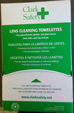 Box of Clark Safety lens cleaning towelettes with green and white packaging, detailing product use for plastic, glass, and polycarbonate lenses.