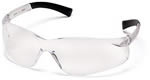 A pair of clear safety glasses with black rubber temple tips and an integrated nose piece.
