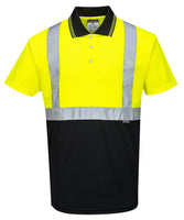 A two-tone high-visibility polo shirt with a black bottom and yellow top, featuring reflective tape and a contrast panel.