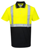 A two-tone high-visibility polo shirt with a black bottom and yellow top, featuring reflective tape and a contrast panel.