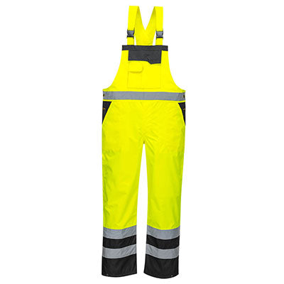 A pair of high-visibility yellow and black rain bibs with reflective tape, contrast panels, and adjustable straps.