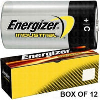 A pack of 12 Energizer brand alkaline C batteries, with the brand logo and 'Industrial' tagline on the packaging.