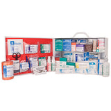 An open metal first aid kit with multiple shelves, displaying a variety of first aid items including bandages, antiseptic wipes, and medical gloves.