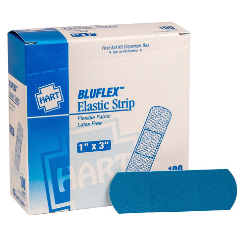 A box of Hart Health BLUFLEX Elastic Strip Bandage, 1 inch by 3 inches, blue color.