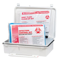 A white polypropylene first aid box labeled 'BLOODBORNE PATHOGENS BODY FLUID CLEAN-UP KIT' with various supplies visible inside, including gloves, biohazard bags, and a CPR face shield.